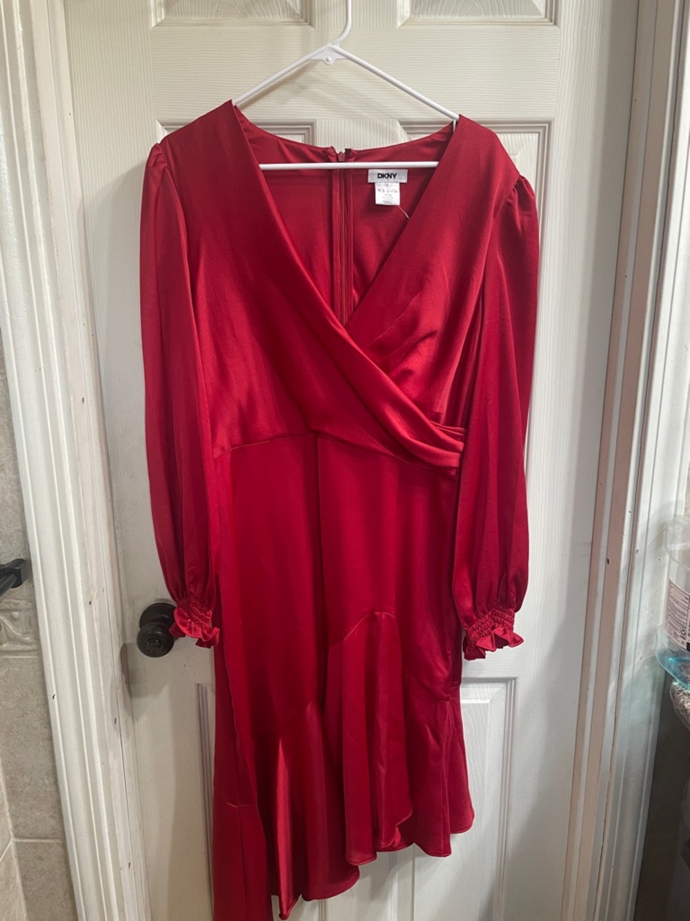Dkny Crimson Red Long-Sleeve Wrap-Style Dress
